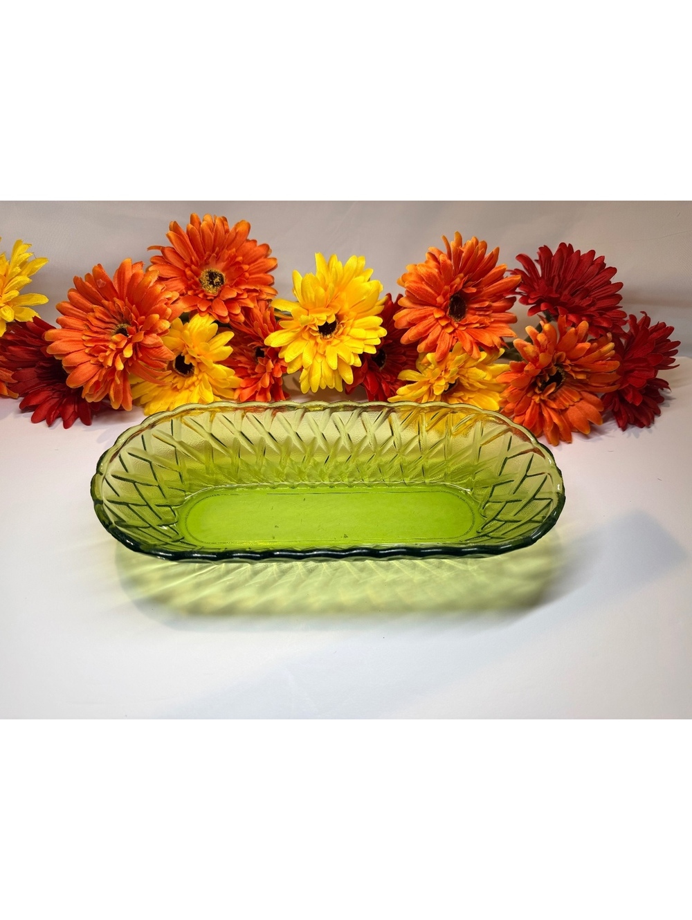 Vintage Olive Green Pressed Glass Relish Celery Tray Dish 10.5”